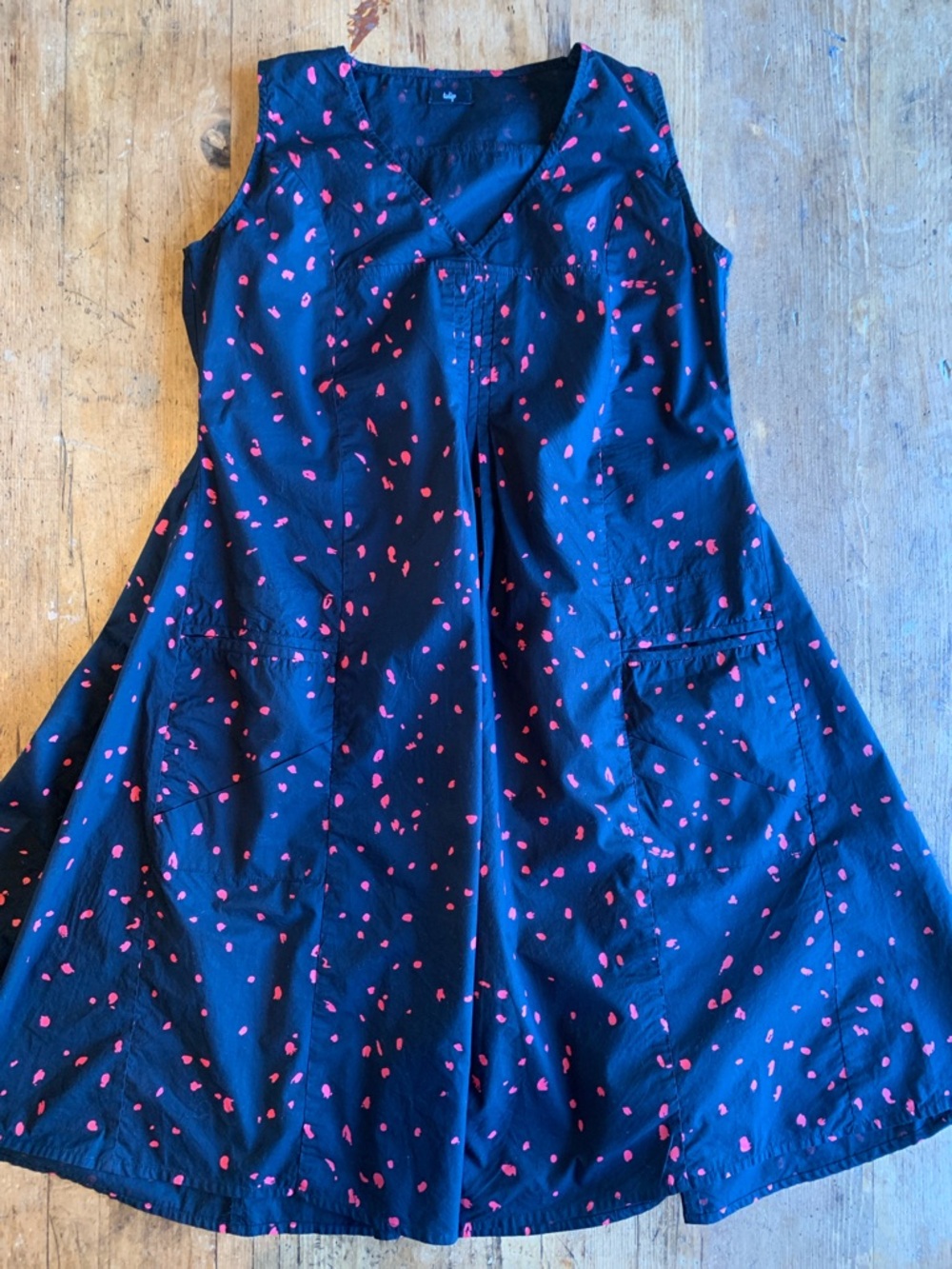 Tulip Cotton Black Dress with Pink Dot Print Pockets
